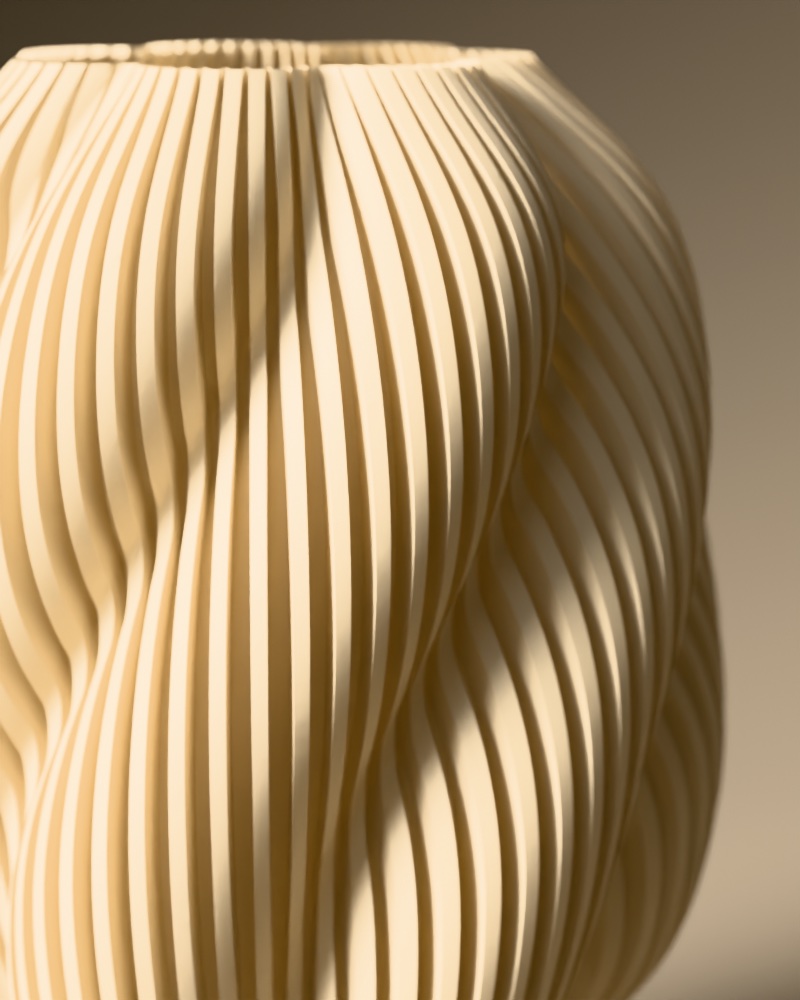 Close-up van de Swirl-lamp in Zand: de gedraaide ribbels in zacht zijlicht van een raam